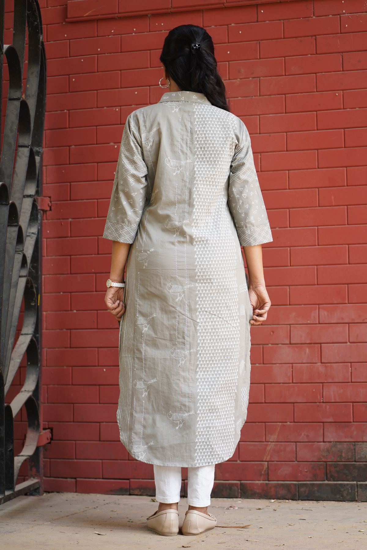 Grey Khari Print Shirt Kurta