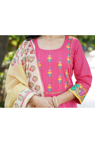 Nargis Kalamkari, Kantha Blockprint Pink Suit Set