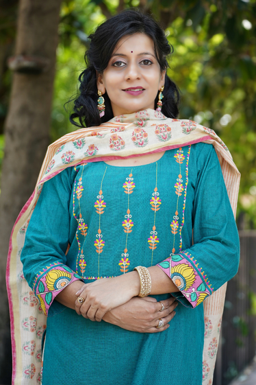 Nargis Kalamkari, Kantha Blockprint Teal Suit Set
