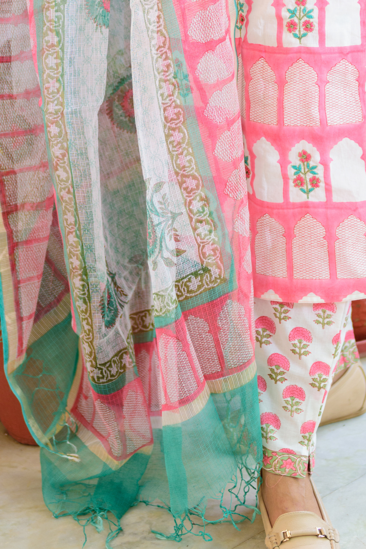 Pink Jharokha Print Kurta with Kota Doria Dupatta