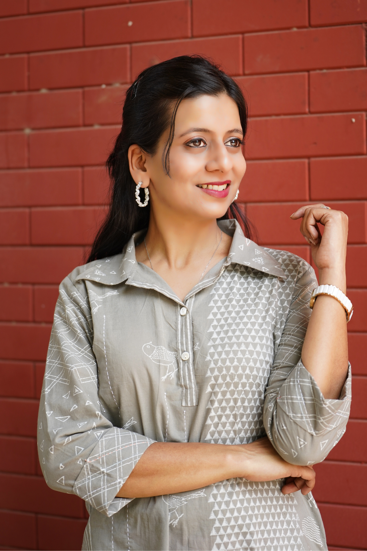 Grey Khari Print Shirt Kurta