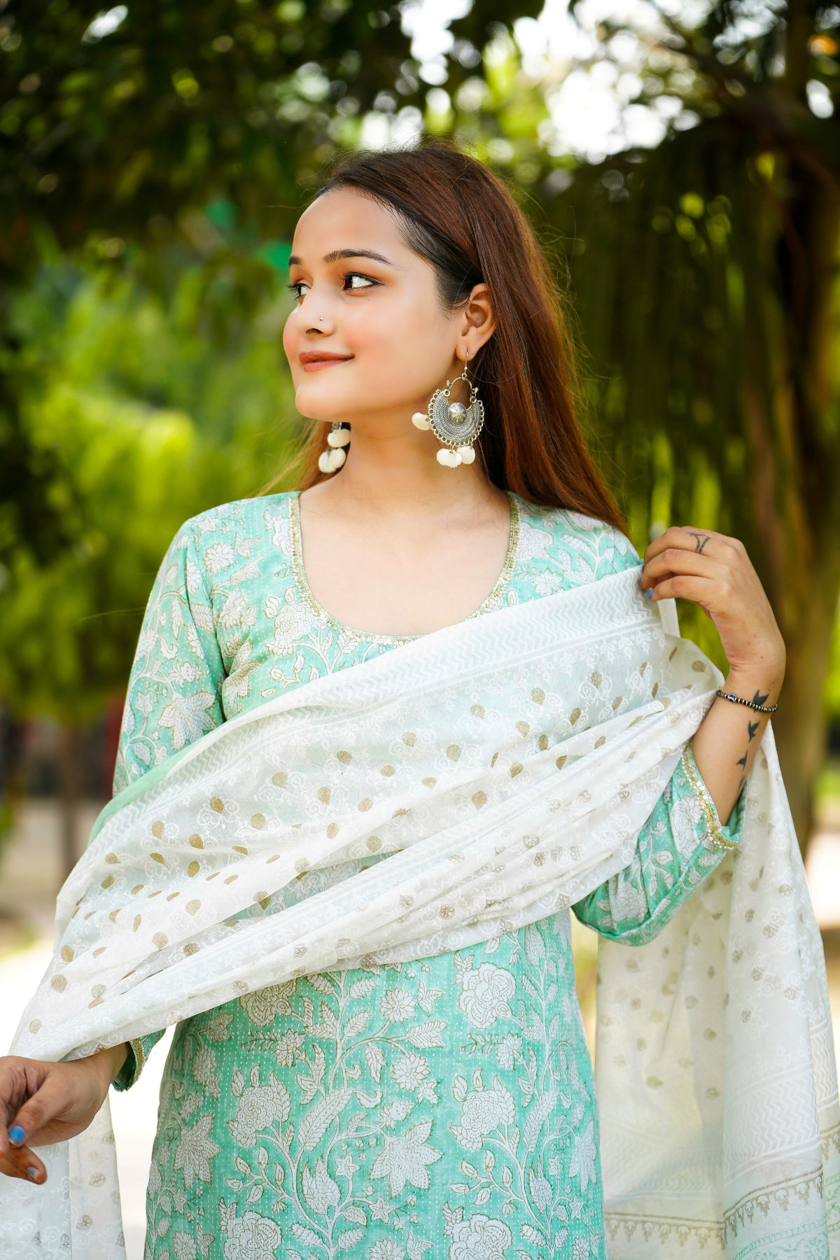 Utsavi Sea Green Hand Block Print Chanderi Kurta, Dupatta and Pant Set
