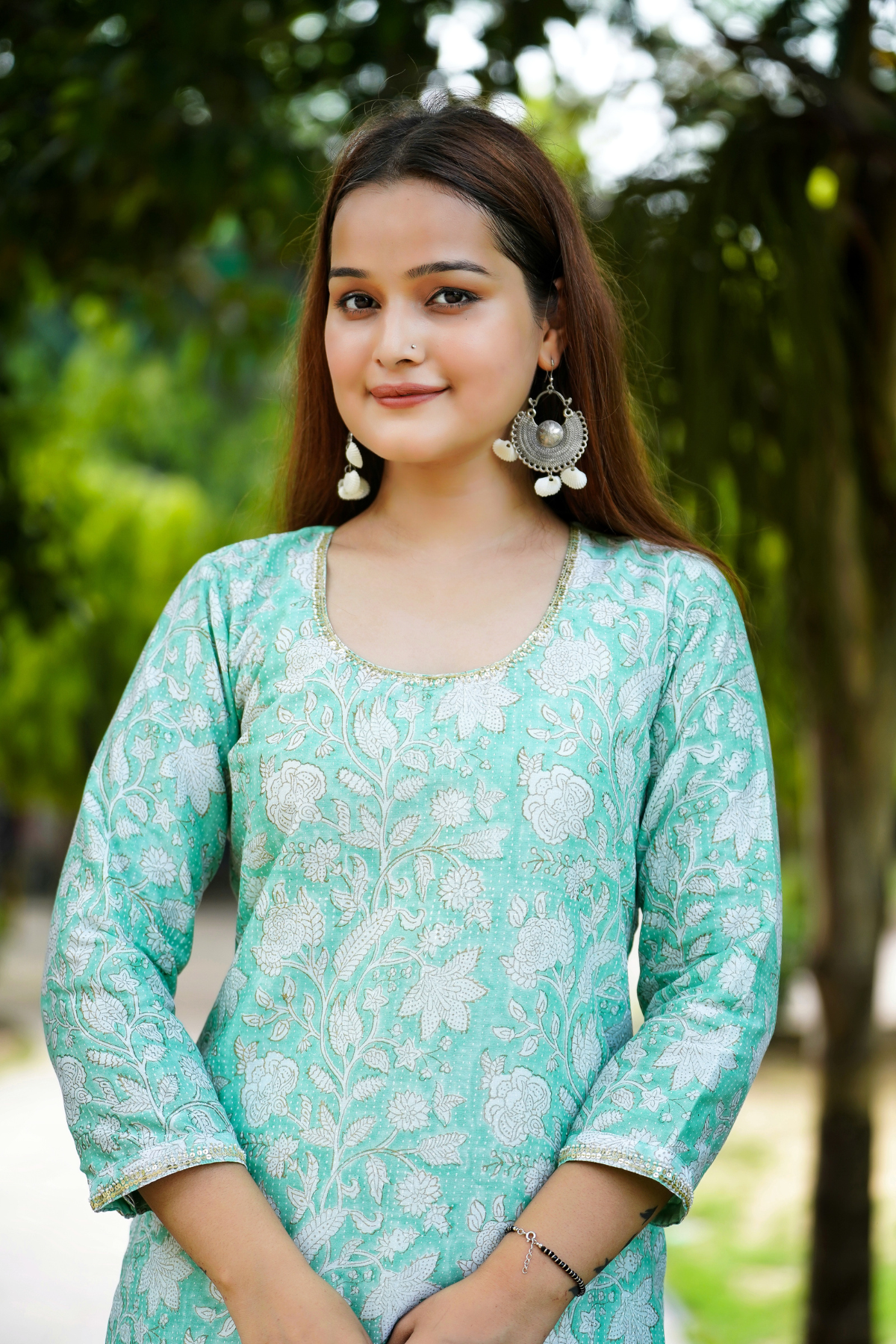 Utsavi Sea Green Hand Block Print Chanderi Kurta, Dupatta and Pant Set