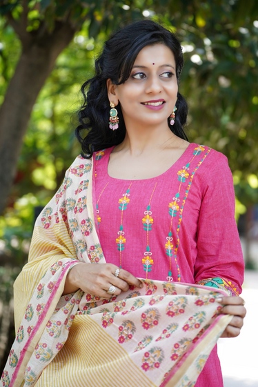 Nargis Kalamkari, Kantha Blockprint Pink Suit Set