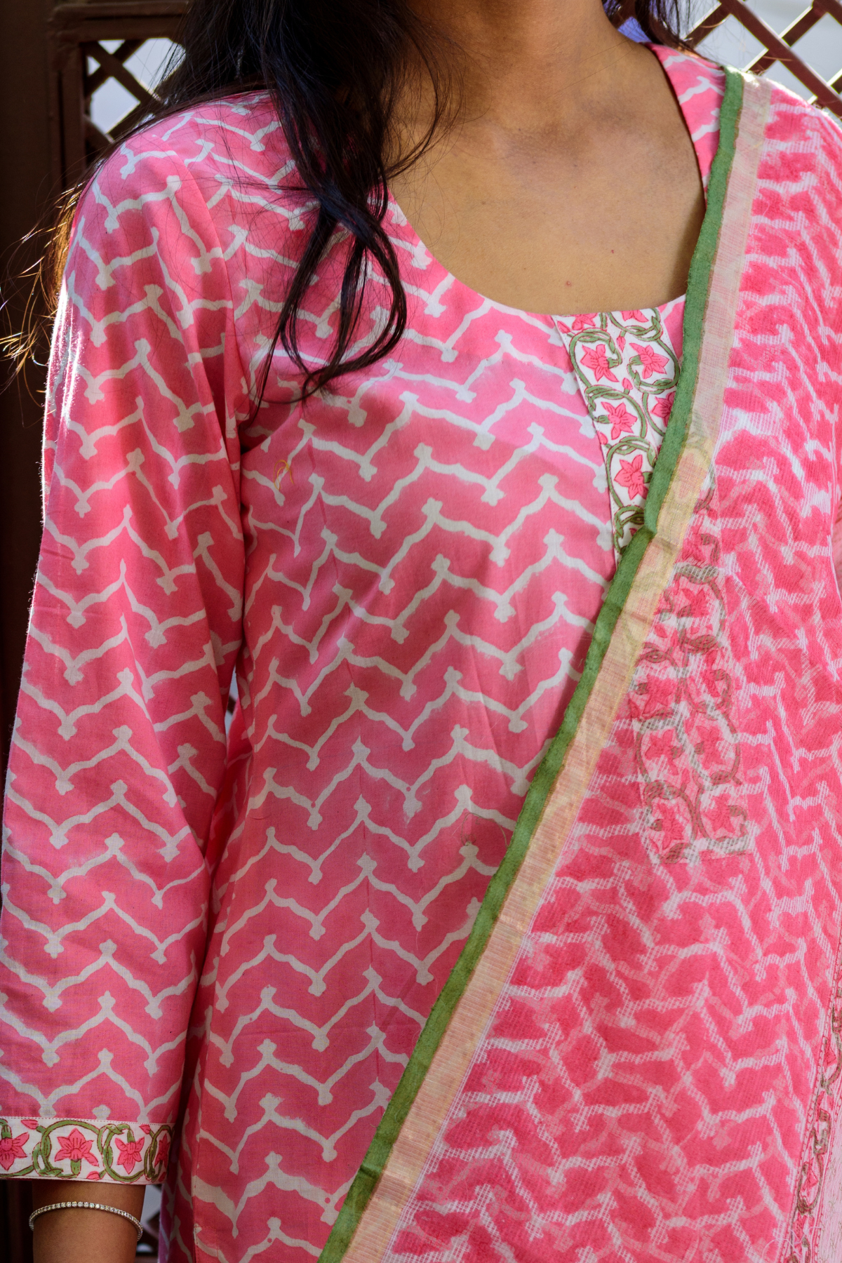 Pink Zahira Kurta, Striped Pants with Kota Doria Dupatta