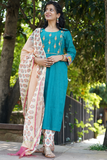Nargis Kalamkari, Kantha Blockprint Teal Suit Set