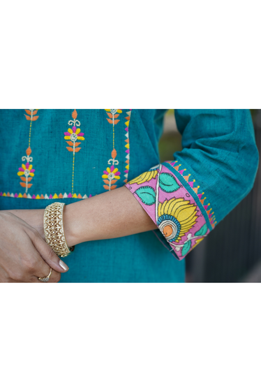 Nargis Kalamkari, Kantha Blockprint Teal Suit Set