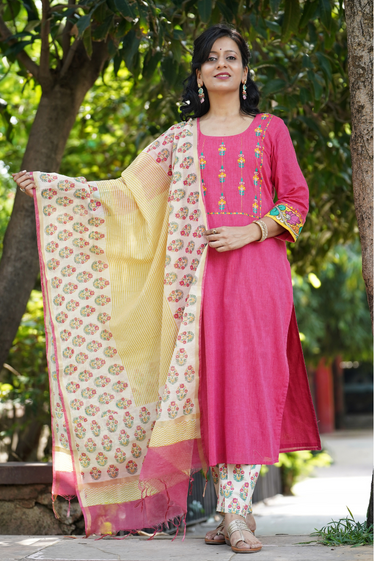 Nargis Kalamkari, Kantha Blockprint Pink Suit Set