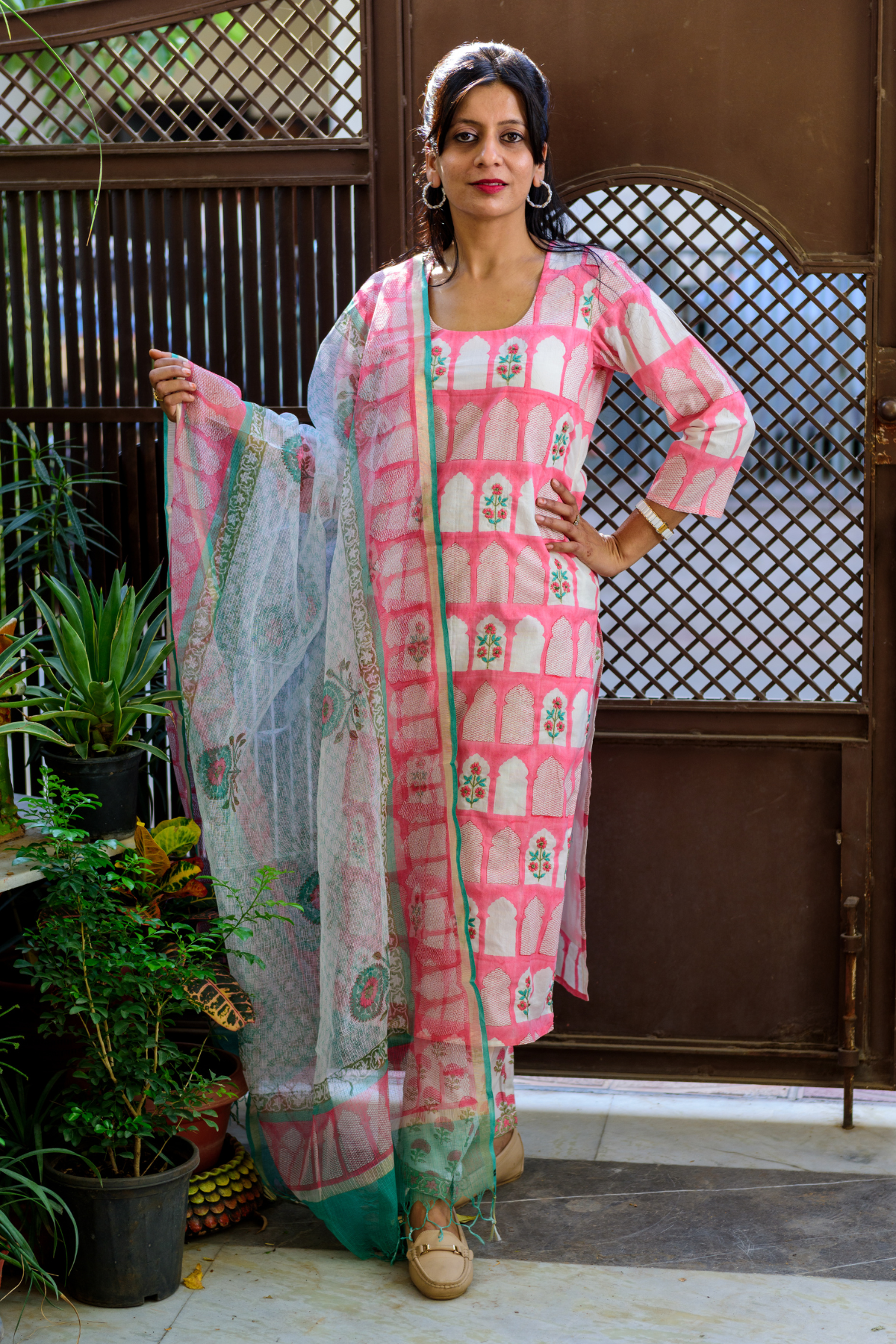 Pink Jharokha Print Kurta with Kota Doria Dupatta
