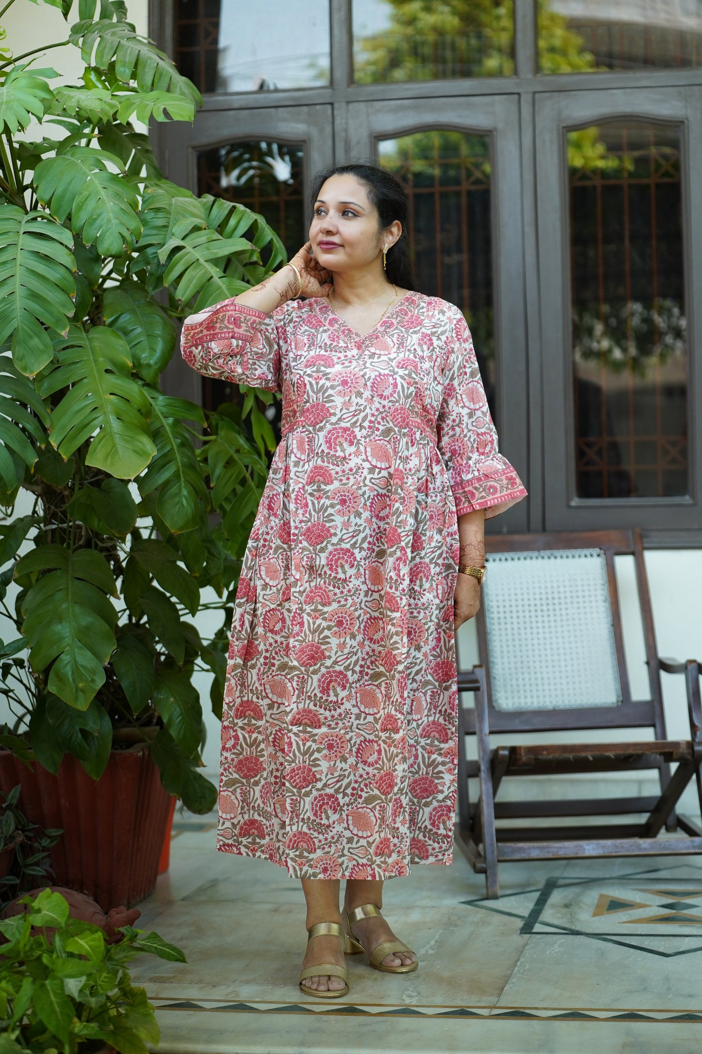 Phalguni floral Block Print Cotton Midi Dress – Lightweight & Comfortable dress