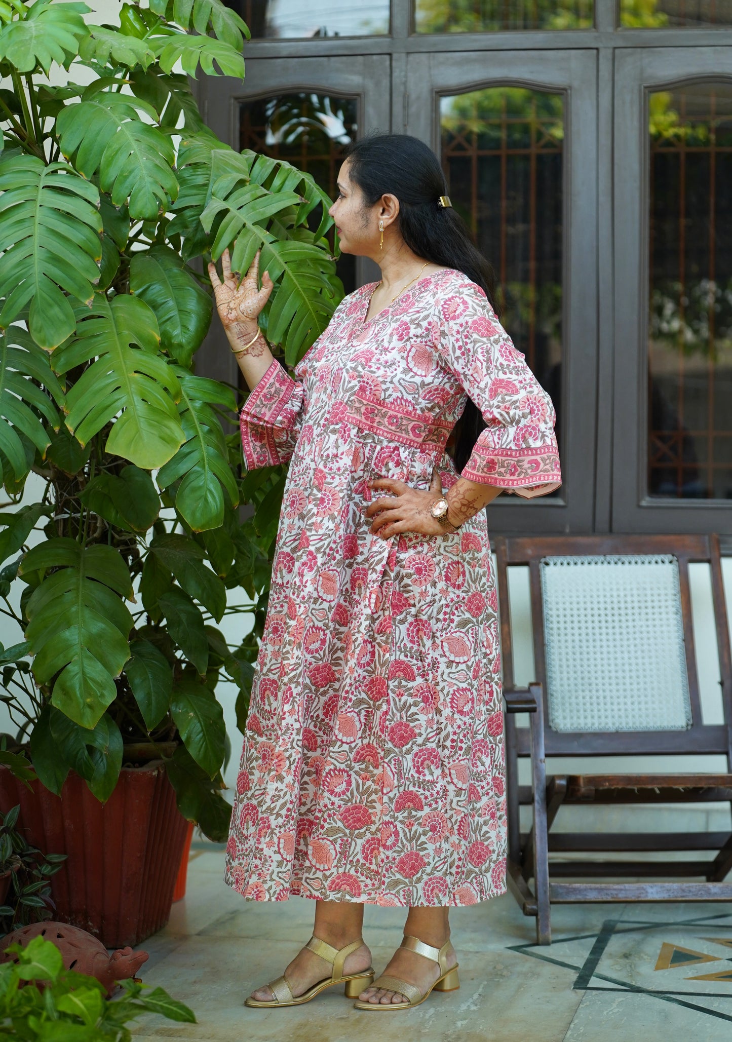 Phalguni floral Block Print Cotton Midi Dress – Lightweight & Comfortable dress