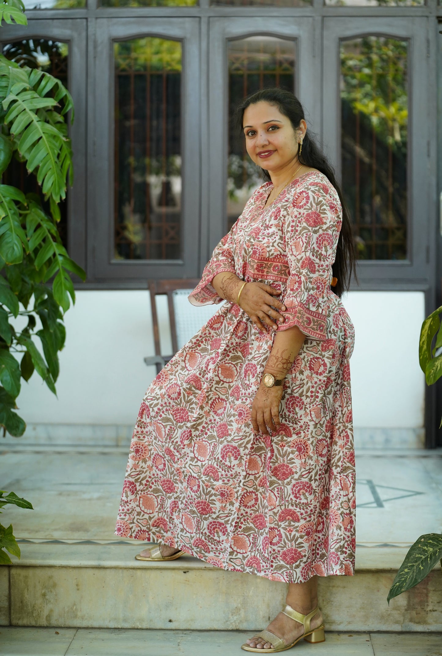 Phalguni floral Block Print Cotton Midi Dress – Lightweight & Comfortable dress