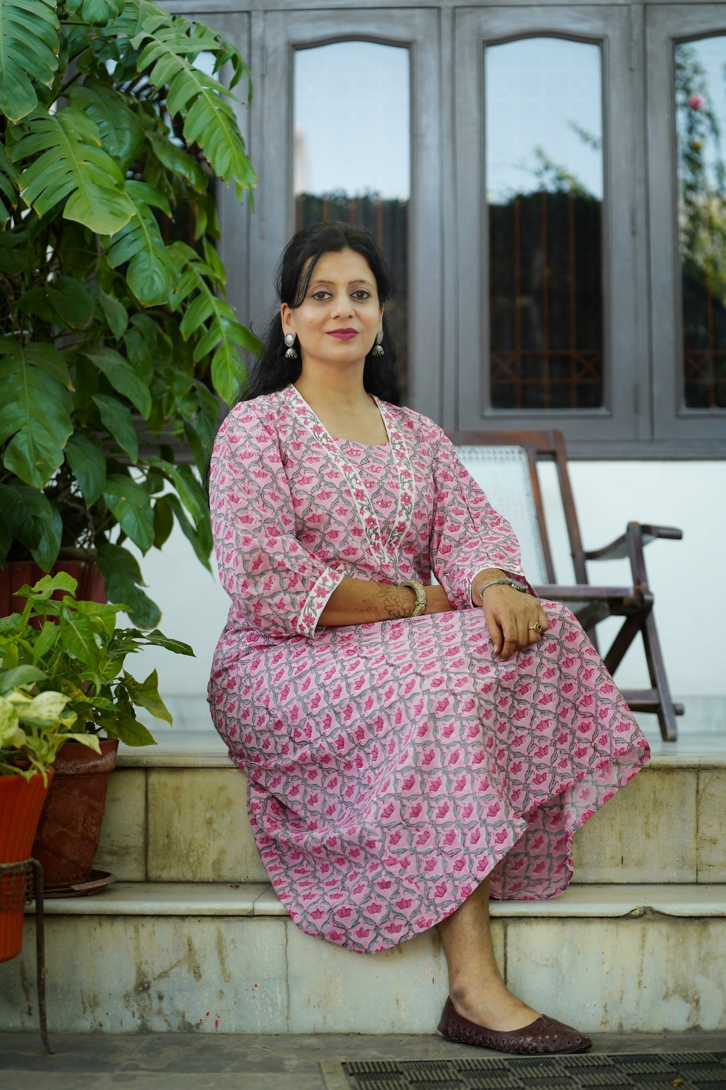 Hand Block Printed Pink Cotton A-Line Dress – “Sheesh Mahal” | Mughal Jali Print | Katha Embroidery | Sustainable Handmade Design