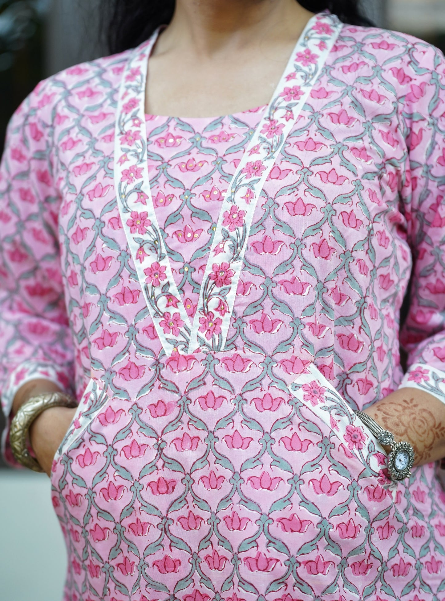 Hand Block Printed Pink Cotton A-Line Dress – “Sheesh Mahal” | Mughal Jali Print | Katha Embroidery | Sustainable Handmade Design