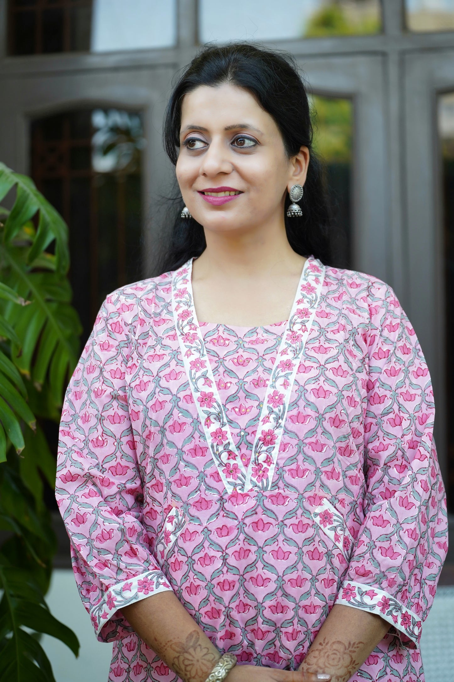 Hand Block Printed Pink Cotton A-Line Dress – “Sheesh Mahal” | Mughal Jali Print | Katha Embroidery | Sustainable Handmade Design