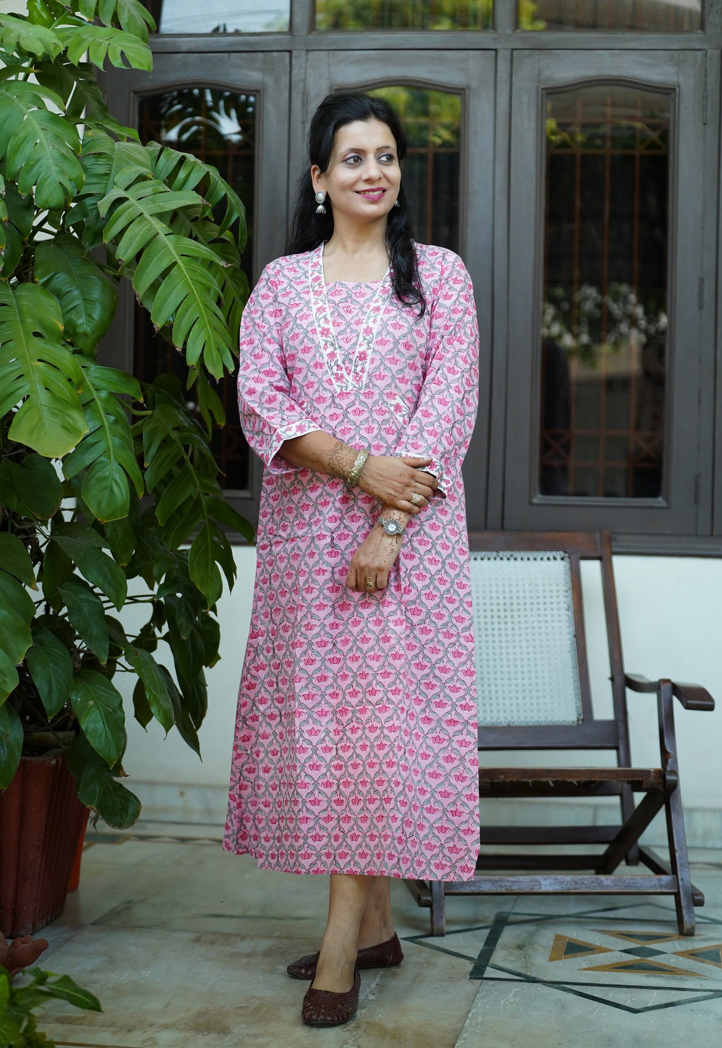 Hand Block Printed Pink Cotton A-Line Dress – “Sheesh Mahal” | Mughal Jali Print | Katha Embroidery | Sustainable Handmade Design