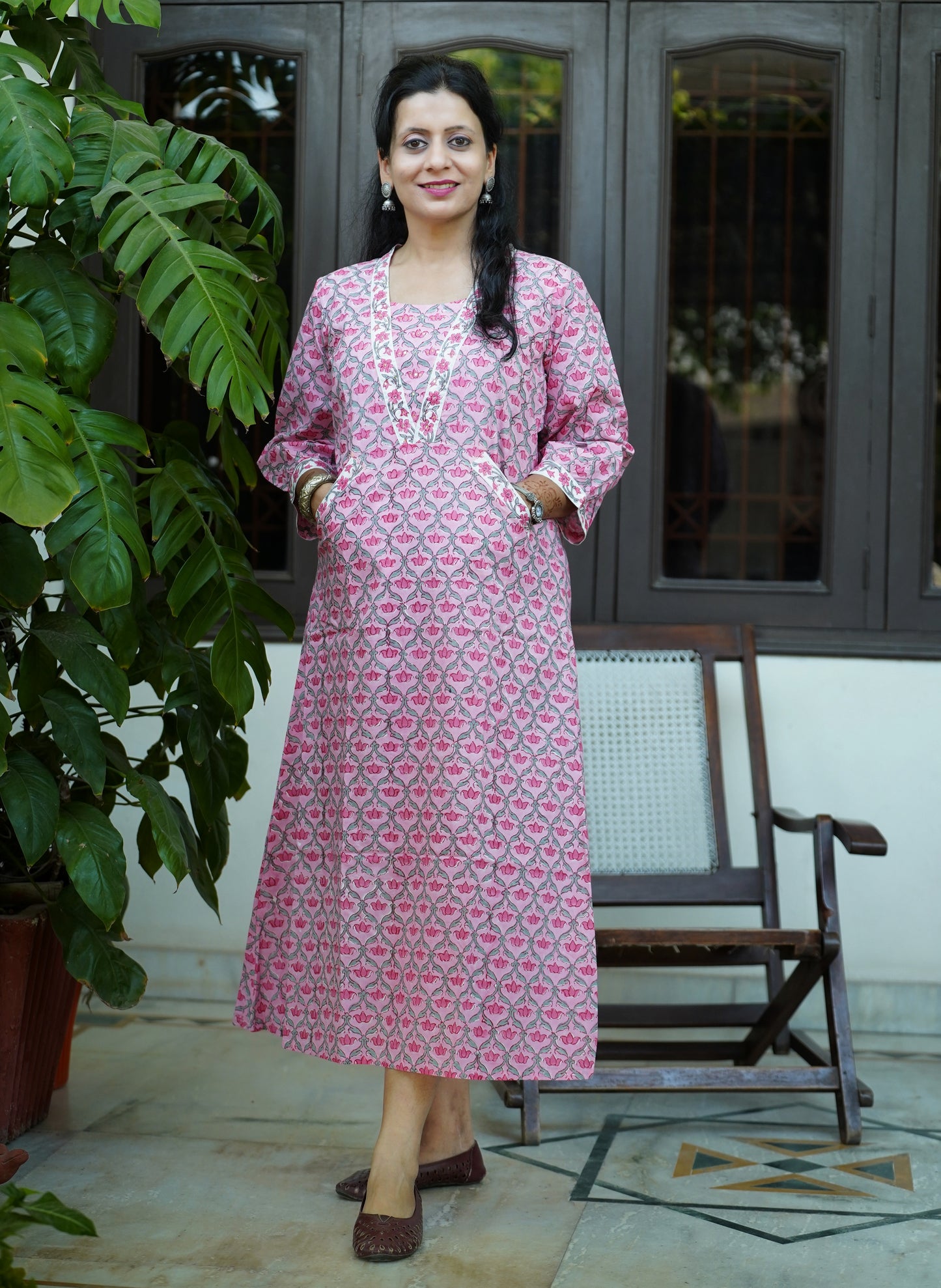 Hand Block Printed Pink Cotton A-Line Dress – “Sheesh Mahal” | Mughal Jali Print | Katha Embroidery | Sustainable Handmade Design