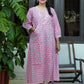 Hand Block Printed Pink Cotton A-Line Dress – “Sheesh Mahal” | Mughal Jali Print | Katha Embroidery | Sustainable Handmade Design