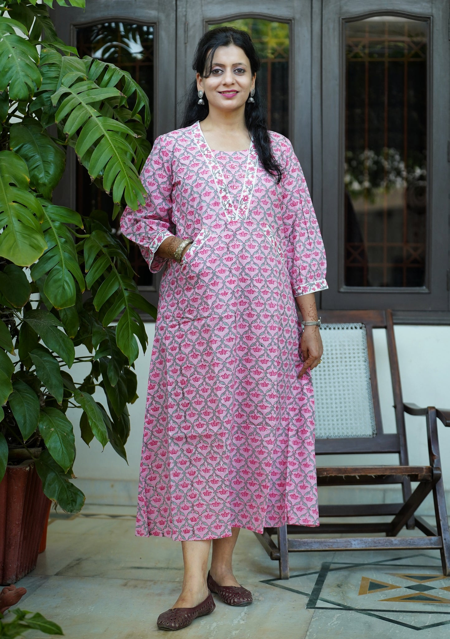 Hand Block Printed Pink Cotton A-Line Dress – “Sheesh Mahal” | Mughal Jali Print | Katha Embroidery | Sustainable Handmade Design