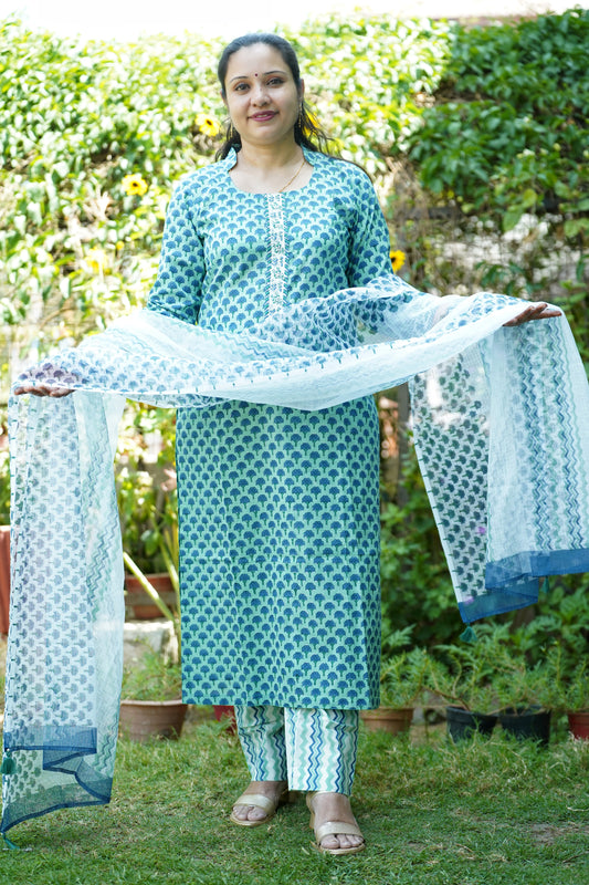 Mogra Blue block print Suit Set – Handcrafted Cotton Kurta with kota Dupatta & Zardozi Embellished Placket Neck