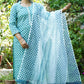 Mogra Blue block print Suit Set – Handcrafted Cotton Kurta with kota Dupatta & Zardozi Embellished Placket Neck