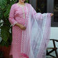 Mogra Pink Block Print Suit Set with Pants & Kota Dupatta – Delicate Floral Handcrafted Cotton Kurta with Zardozi Embellished Placket
