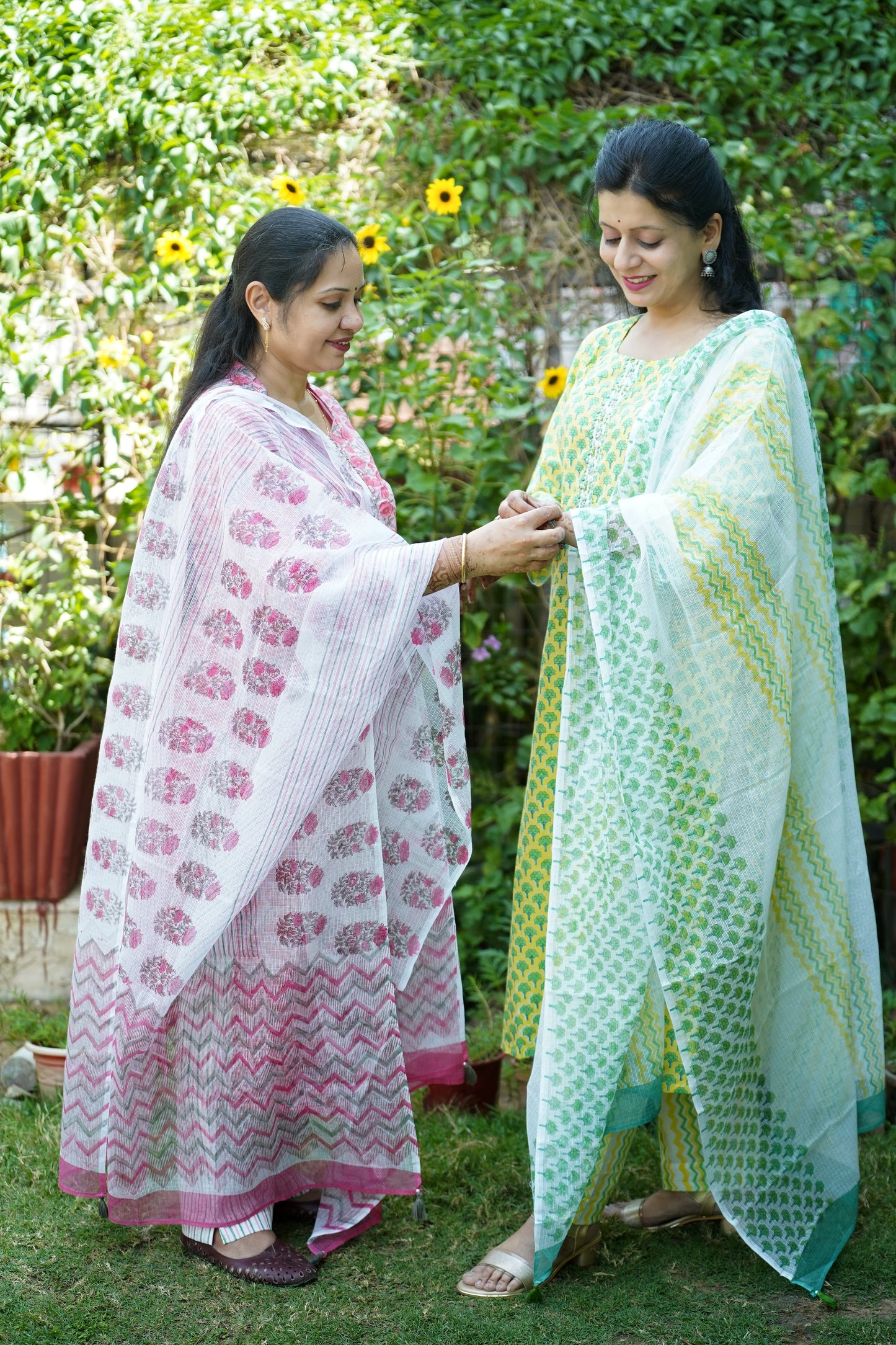 Mogra yellow Block Print Cotton Suit Set with Kota Dupatta and embroidery placket