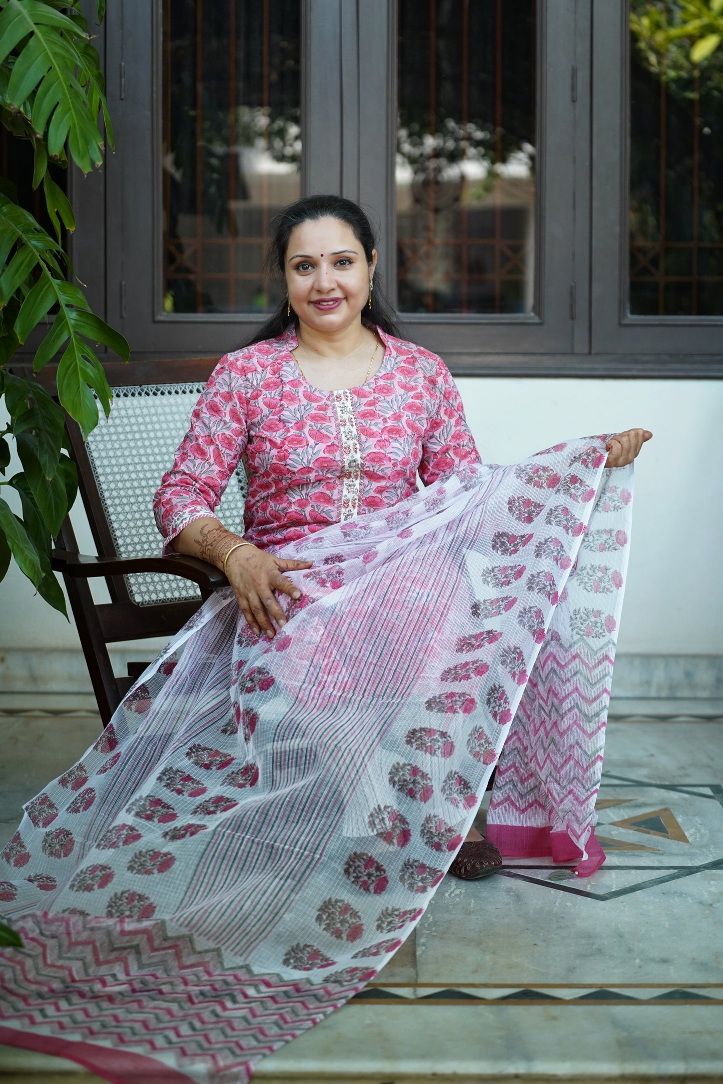 "Sugandha" Khumaar- Handblock Printed pink Cotton Suit Set | Floral Jaal Design | Kota Doria Dupatta