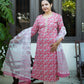 "Sugandha" Khumaar- Handblock Printed pink Cotton Suit Set | Floral Jaal Design | Kota Doria Dupatta