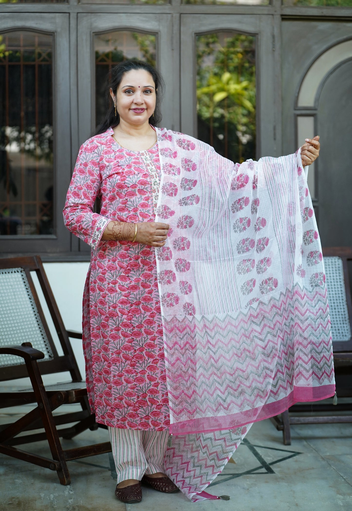 "Sugandha" Khumaar- Handblock Printed pink Cotton Suit Set | Floral Jaal Design | Kota Doria Dupatta
