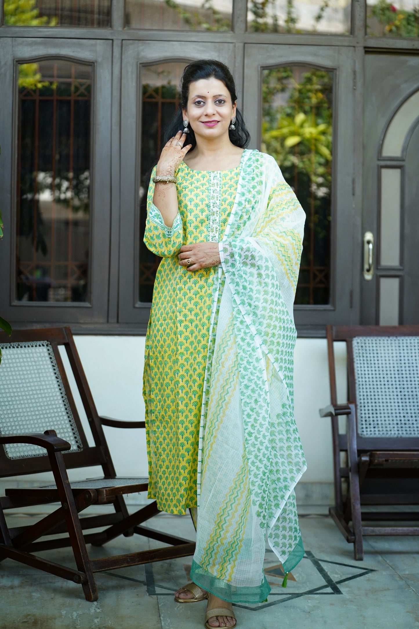 Mogra yellow Block Print Cotton Suit Set with Kota Dupatta and embroidery placket