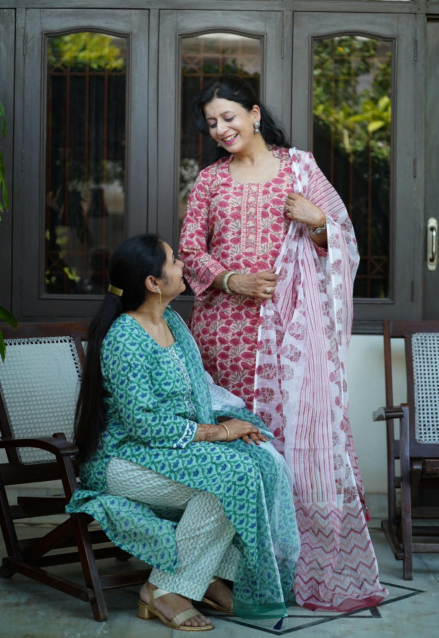 "Sugandh"- Gulabi Abha Peach Block Print Cotton Kurta with kota doria Dupatta