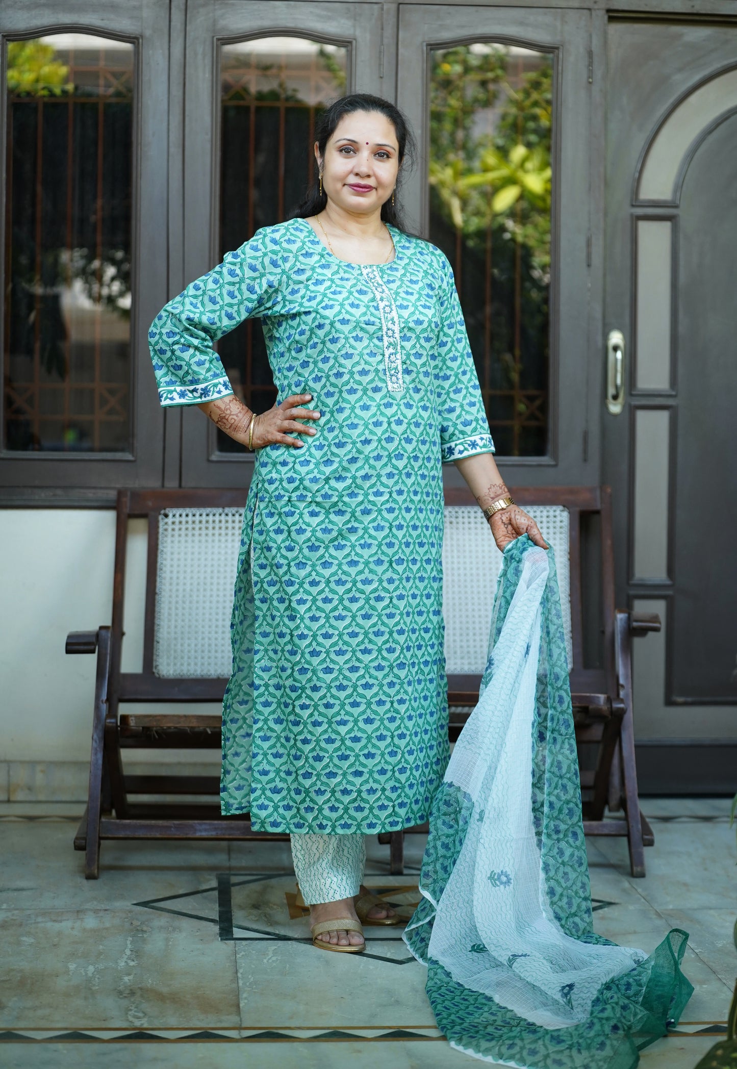 "Sheesh Mahal"- Hand block Printed blue Cotton Suit Set | Mughal Jaal Design | Kota Doria Dupatta| Hand embroidery placket