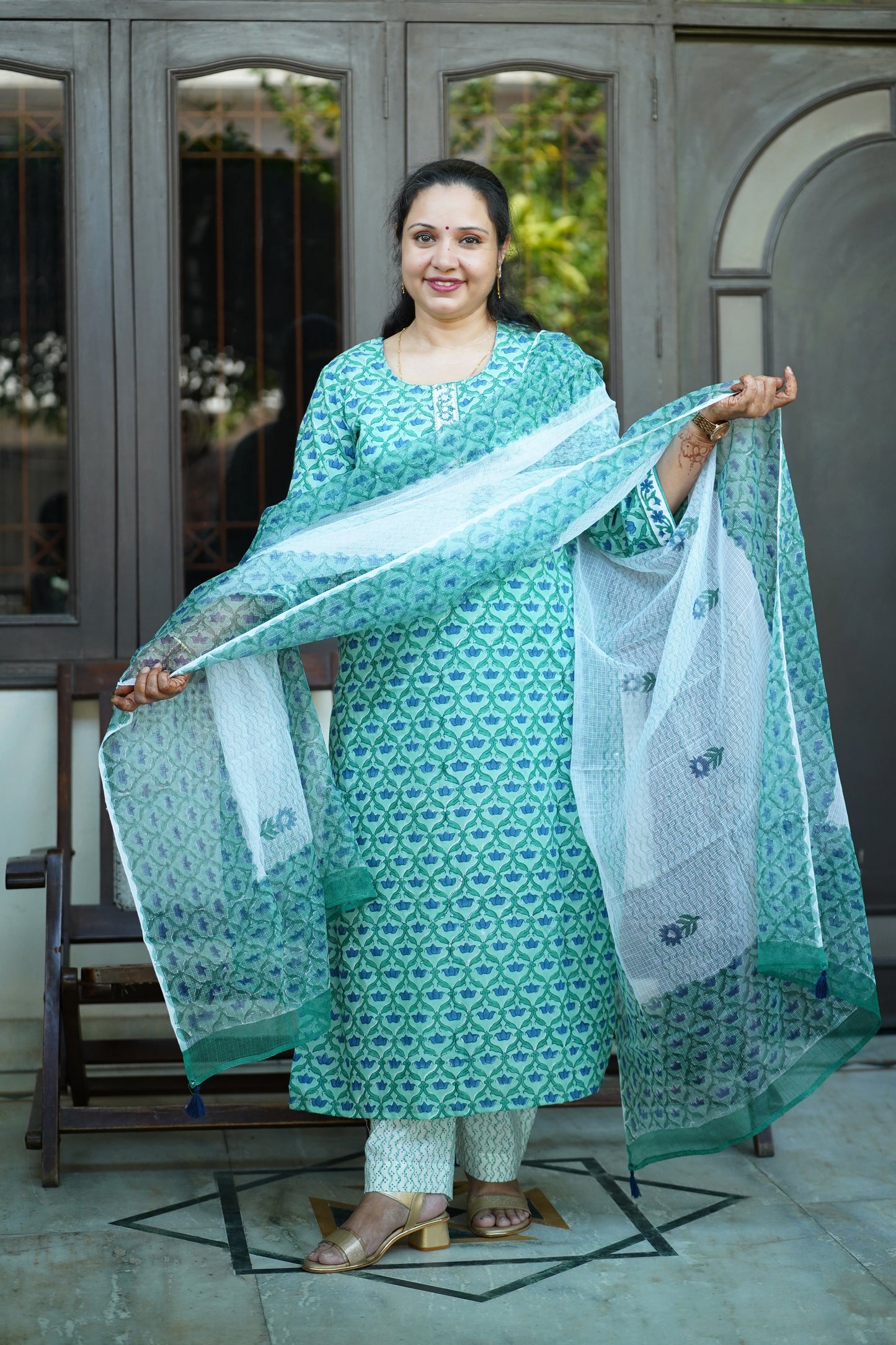 "Sheesh Mahal"- Hand block Printed blue Cotton Suit Set | Mughal Jaal Design | Kota Doria Dupatta| Hand embroidery placket