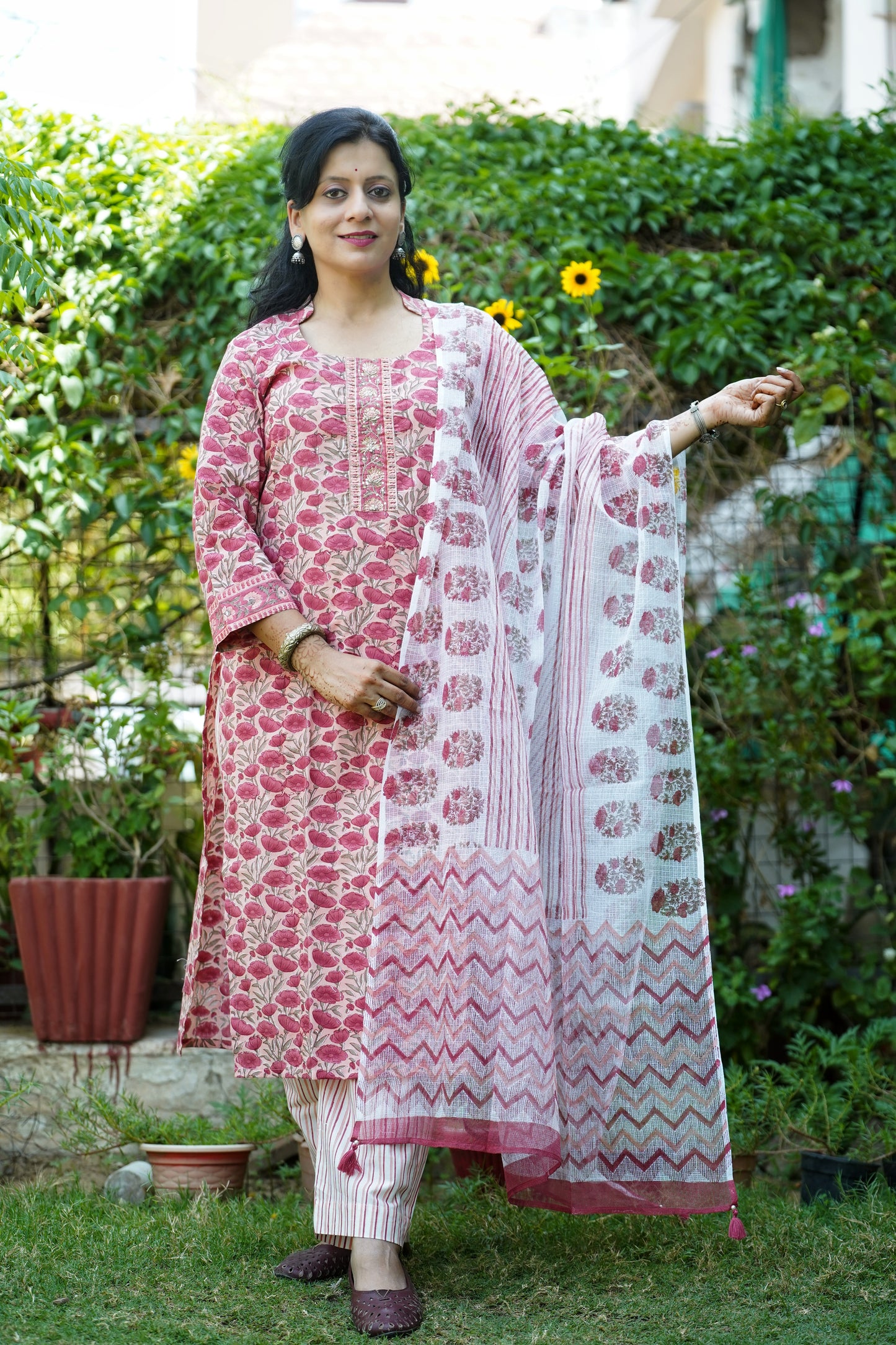 "Sugandh"- Gulabi Abha Peach Block Print Cotton Kurta with kota doria Dupatta