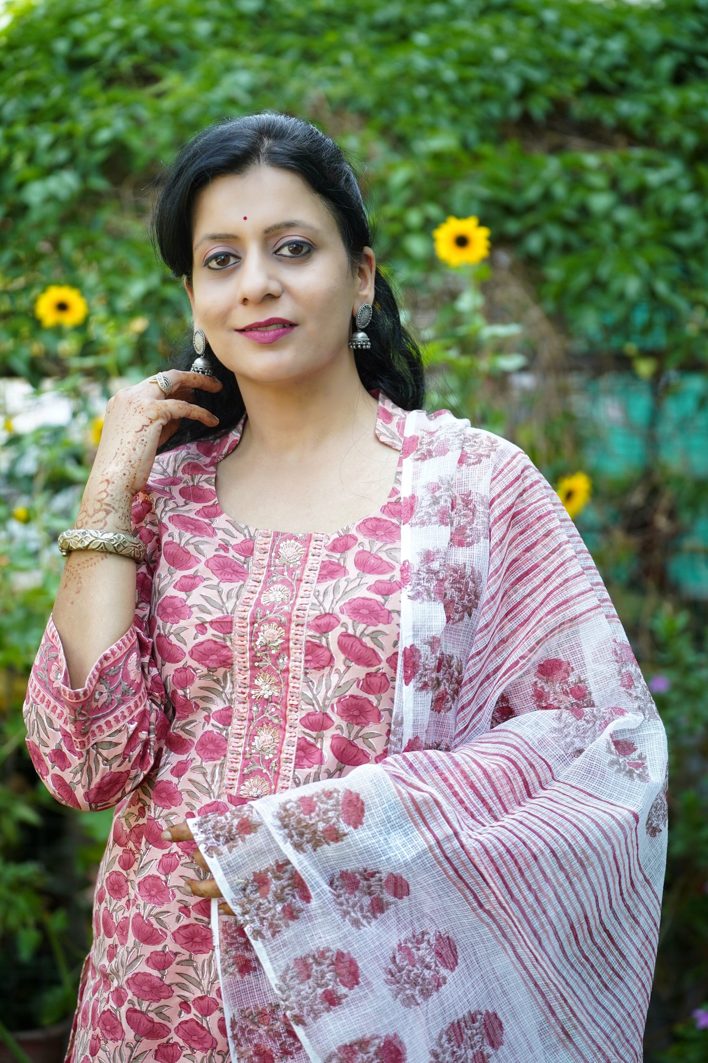 "Sugandh"- Gulabi Abha Peach Block Print Cotton Kurta with kota doria Dupatta