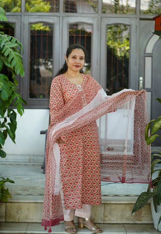 "Sheesh Mahal"- Hand block Printed peach Cotton Suit Set | Mughal Jaal Design | Kota Doria Dupatta| Hand embroidery plackett