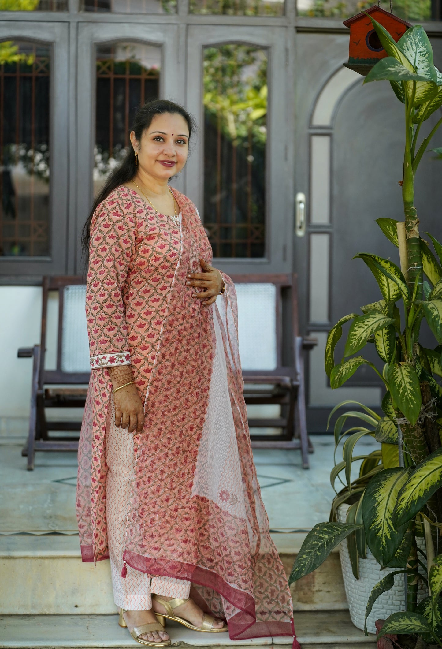 "Sheesh Mahal"- Hand block Printed peach Cotton Suit Set | Mughal Jaal Design | Kota Doria Dupatta| Hand embroidery plackett