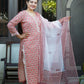 "Sheesh Mahal"- Hand block Printed peach Cotton Suit Set | Mughal Jaal Design | Kota Doria Dupatta| Hand embroidery plackett