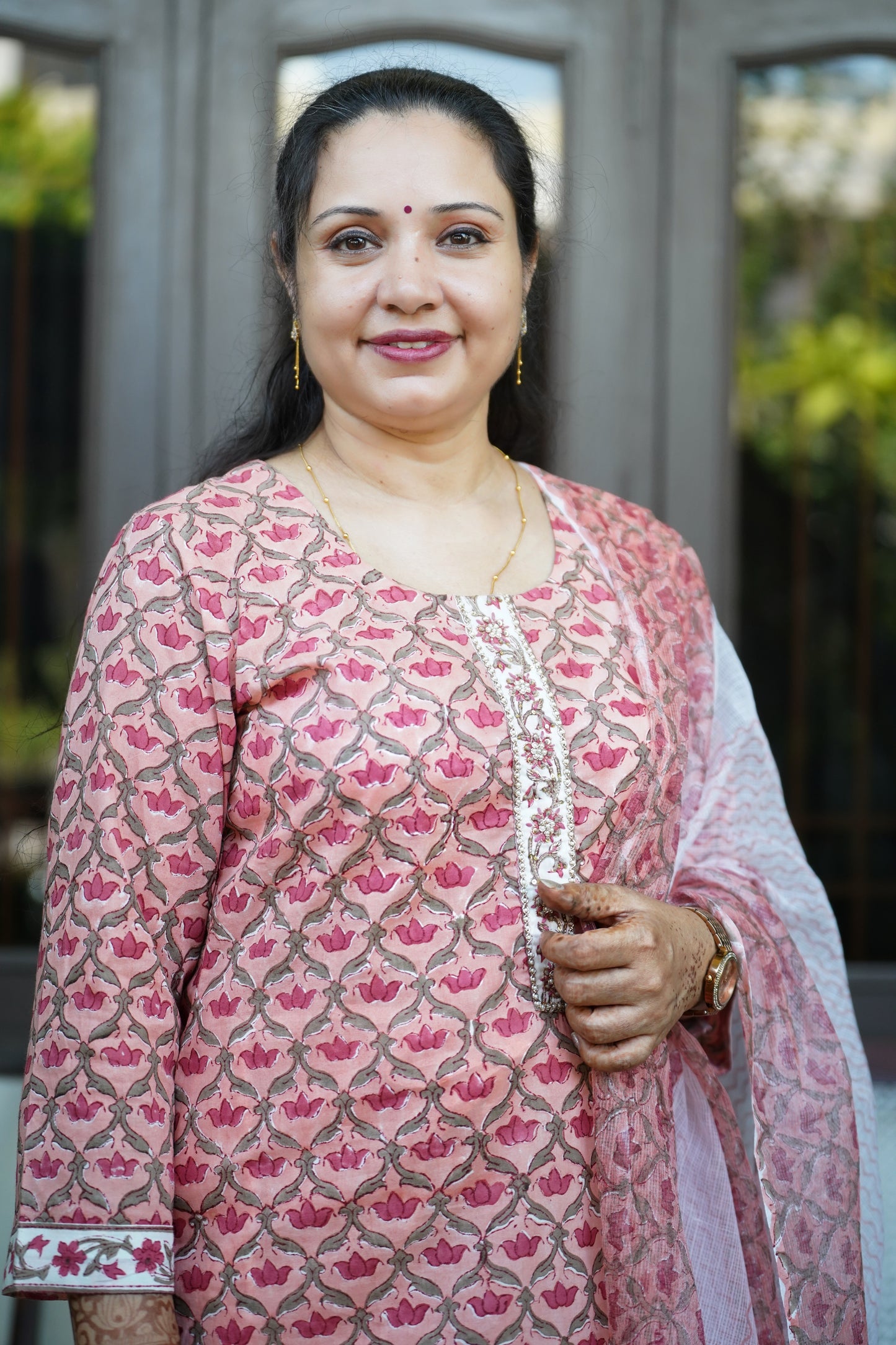 "Sheesh Mahal"- Hand block Printed peach Cotton Suit Set | Mughal Jaal Design | Kota Doria Dupatta| Hand embroidery plackett