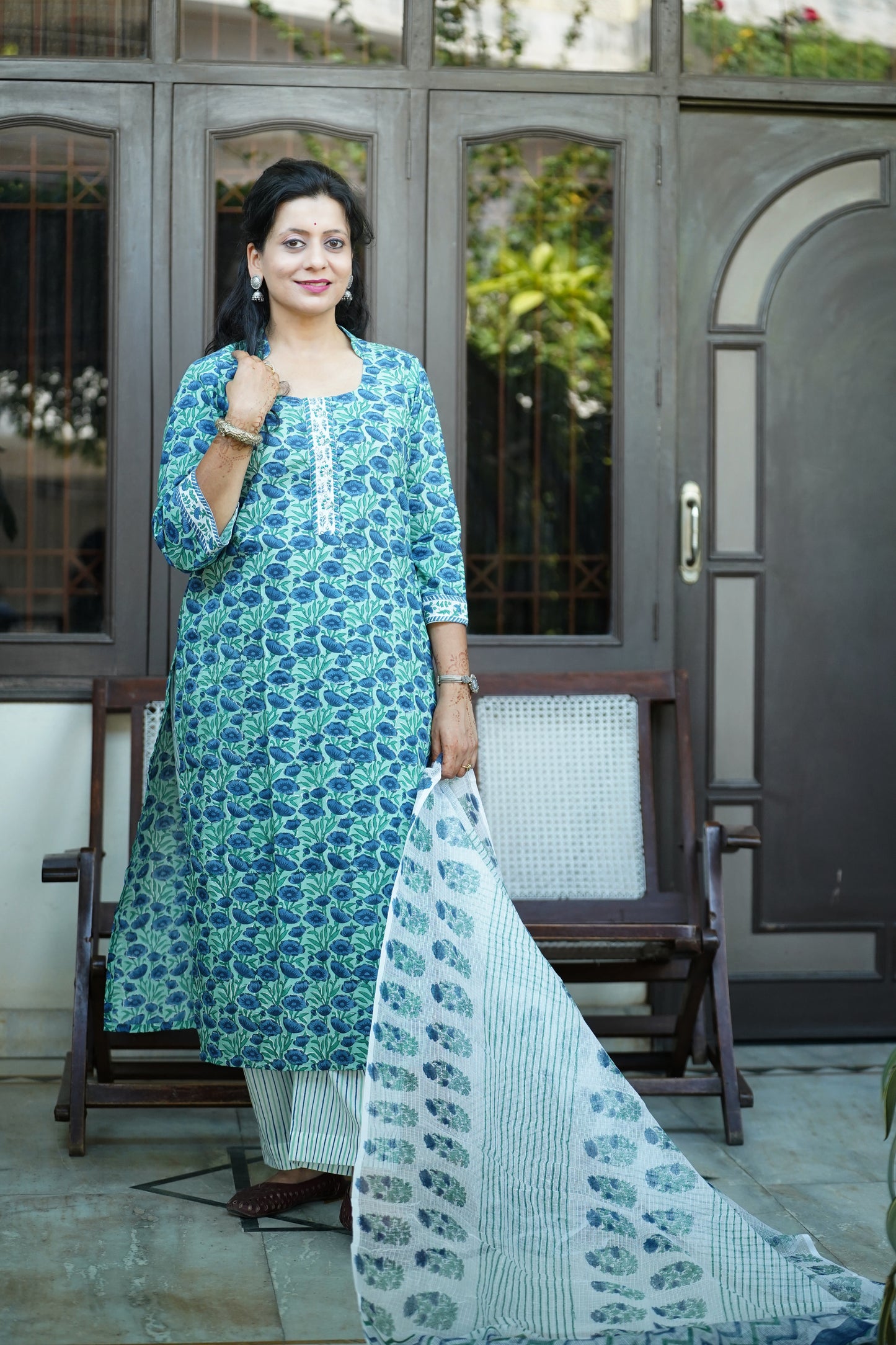 Sugandha Neelam- Handblock Printed blue Green Cotton Suit Set | Floral Jaal Design | Kota Doria Dupatta