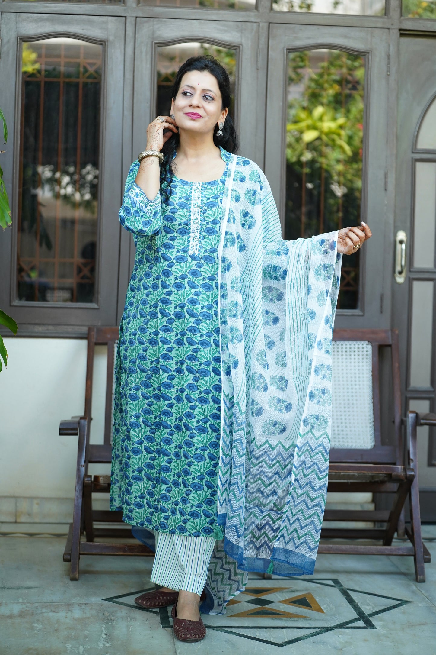 Sugandha Neelam- Handblock Printed blue Green Cotton Suit Set | Floral Jaal Design | Kota Doria Dupatta
