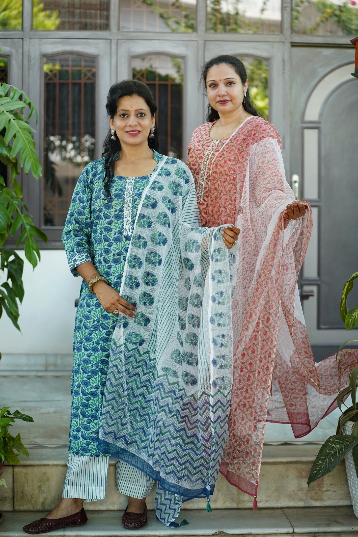 Sugandha Neelam- Handblock Printed blue Green Cotton Suit Set | Floral Jaal Design | Kota Doria Dupatta