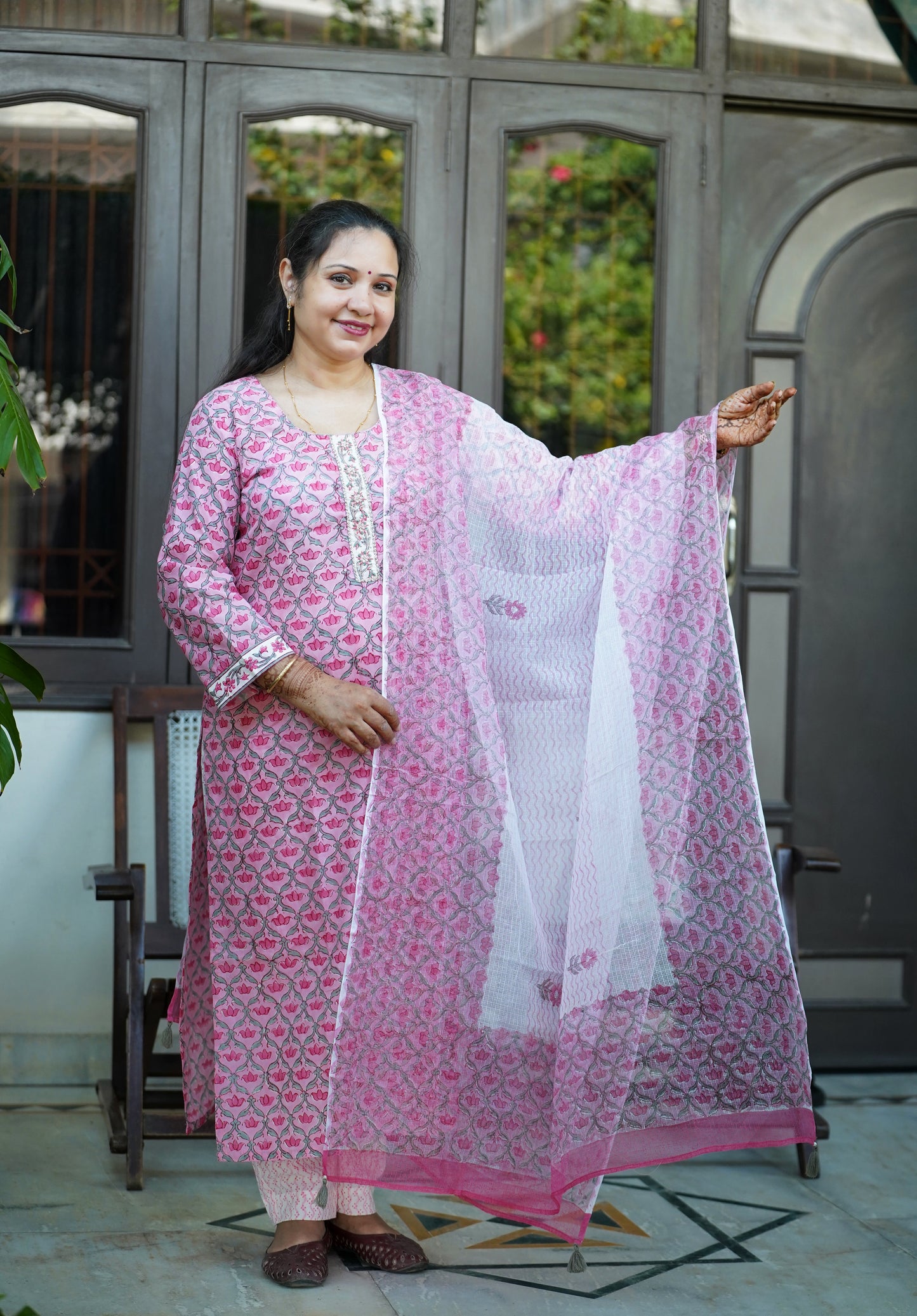 "Sheesh Mahal"- Hand block Printed Pink Cotton Suit Set | Mughal Jaal Design | Kota Doria Dupatta| Hand embroidery placket