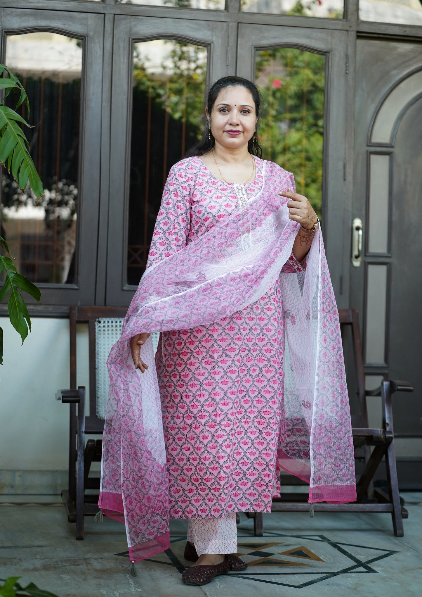 "Sheesh Mahal"- Hand block Printed Pink Cotton Suit Set | Mughal Jaal Design | Kota Doria Dupatta| Hand embroidery placket