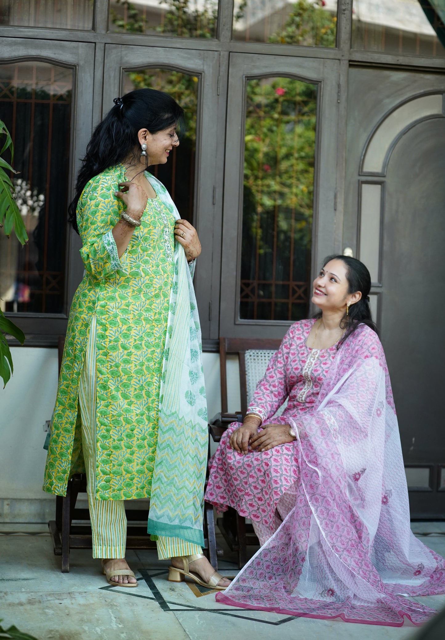 "Sheesh Mahal"- Hand block Printed Pink Cotton Suit Set | Mughal Jaal Design | Kota Doria Dupatta| Hand embroidery placket