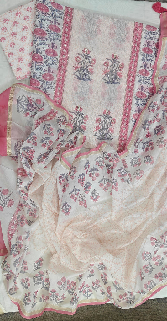 Guljaal – Peach Pure Chanderi Suit Set with Mughal Boota & Jaal Block Print