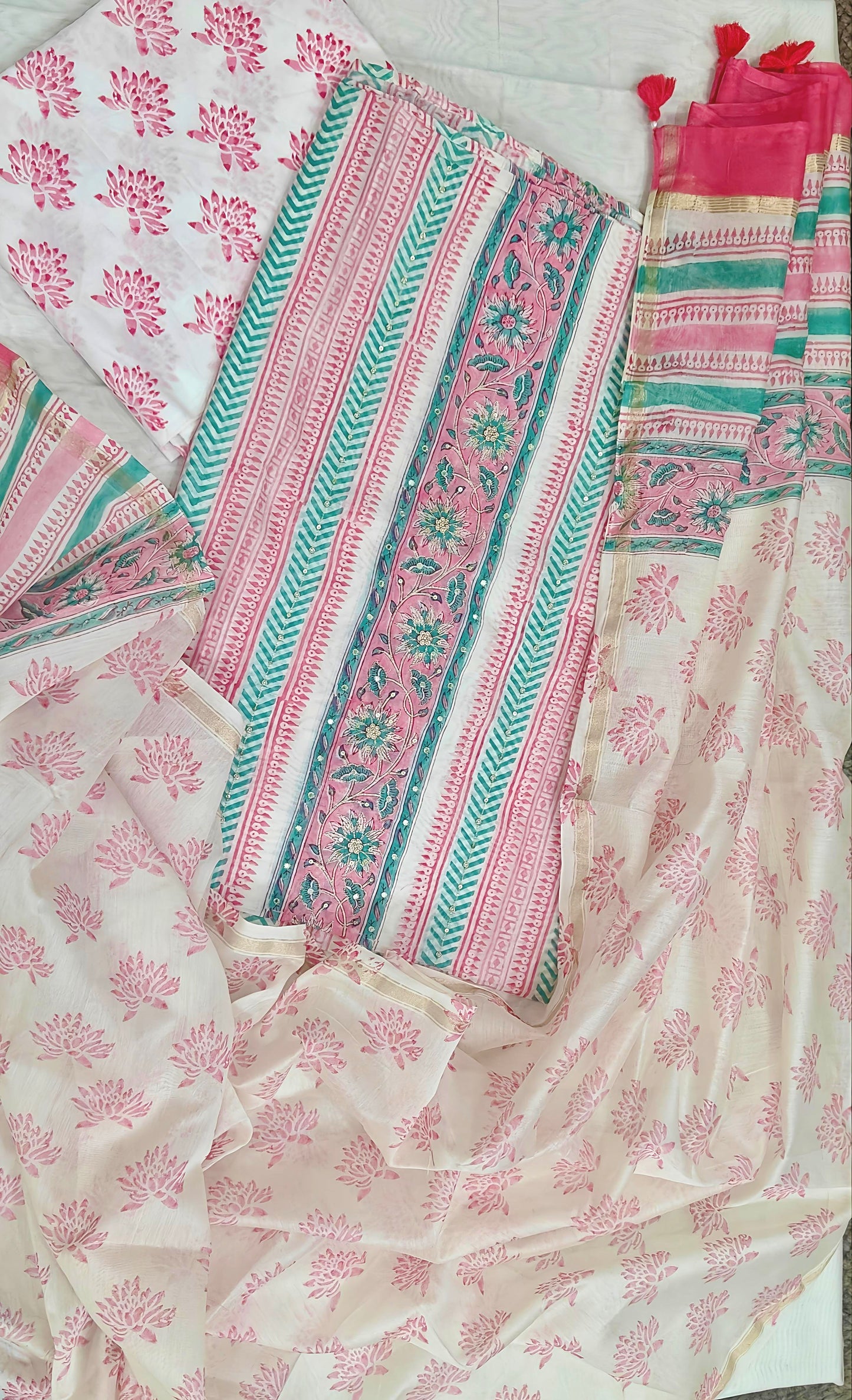 Parchitra-Pure Chanderi Suit Set with Vertical Border Block Print & Aari Hand Embroidery