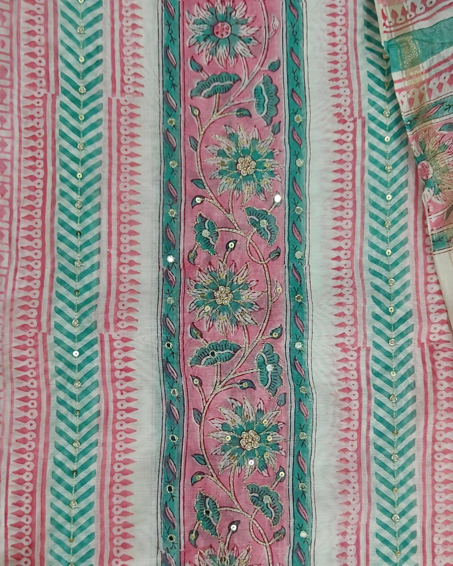 Parchitra-Pure Chanderi Suit Set with Vertical Border Block Print & Aari Hand Embroidery