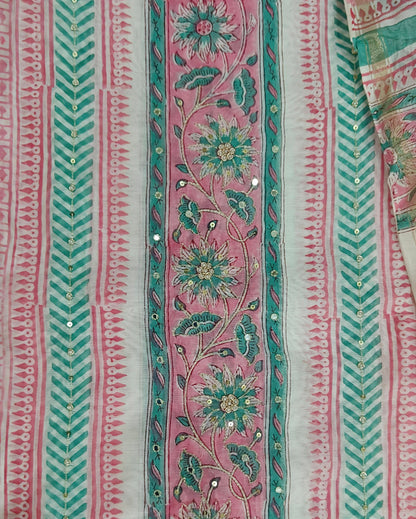 Parchitra-Pure Chanderi Suit Set with Vertical Border Block Print & Aari Hand Embroidery